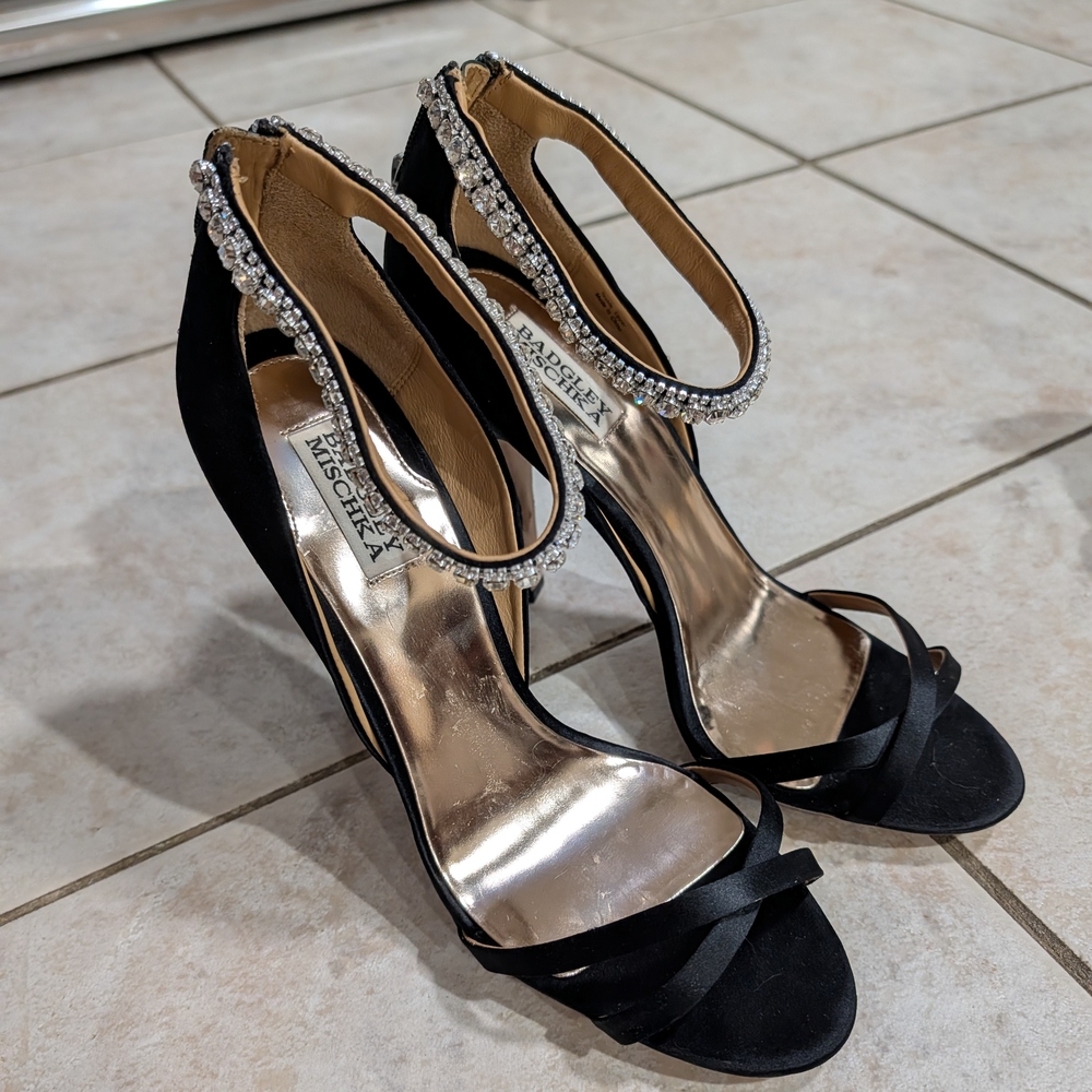 Badgley Mischka Decadence Black Heels with Crystal Ankle Strap 10